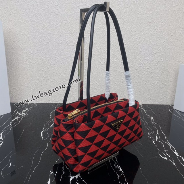 Prada專櫃新款刺繡織物新款肩背女包 1BA368 普拉達刺繡織物提花圖案手提包 csp1517